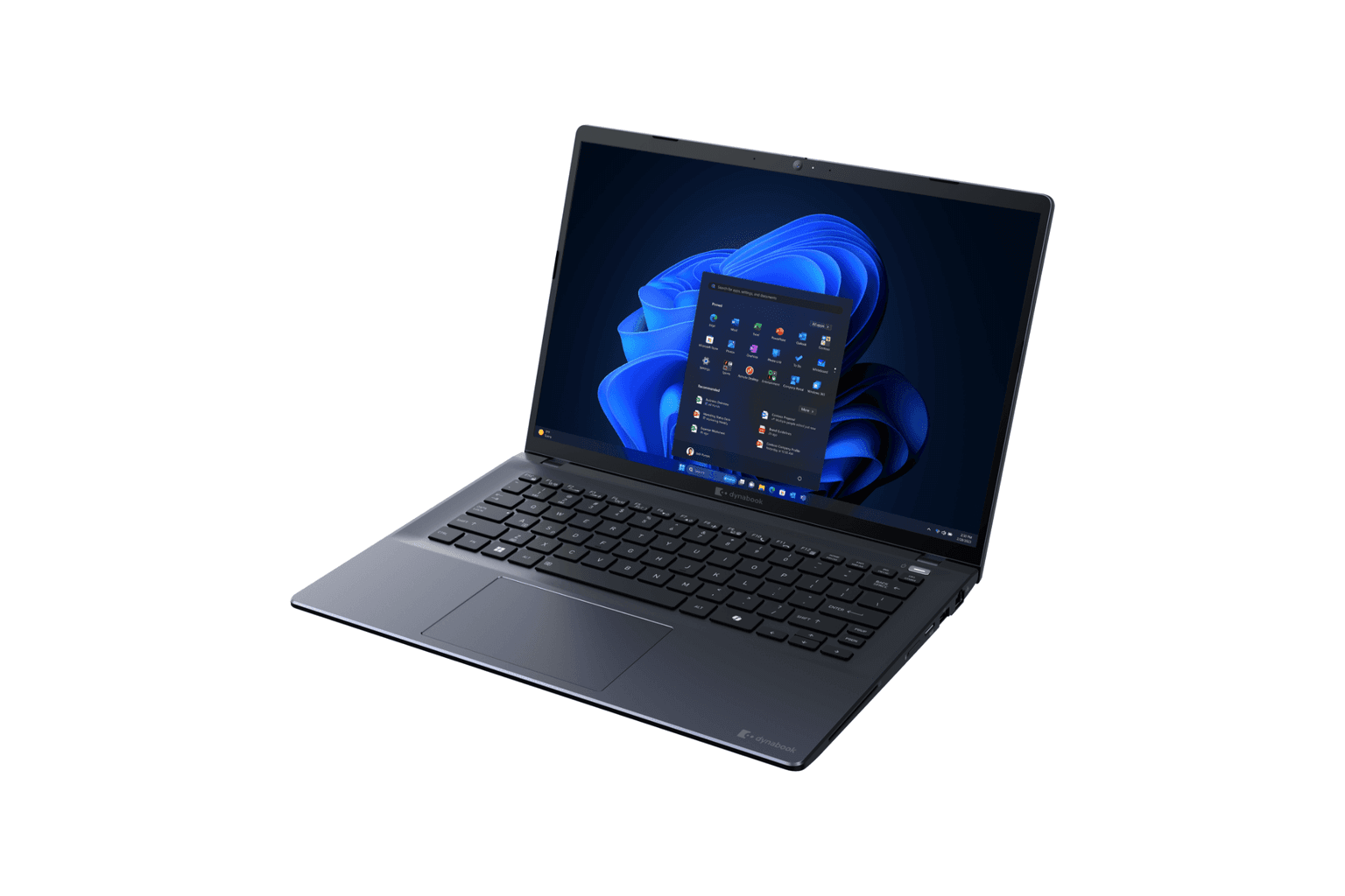Dynabook Tecra A40-M 14-inch dark blue enterprise business laptop sitting open on an executive desk