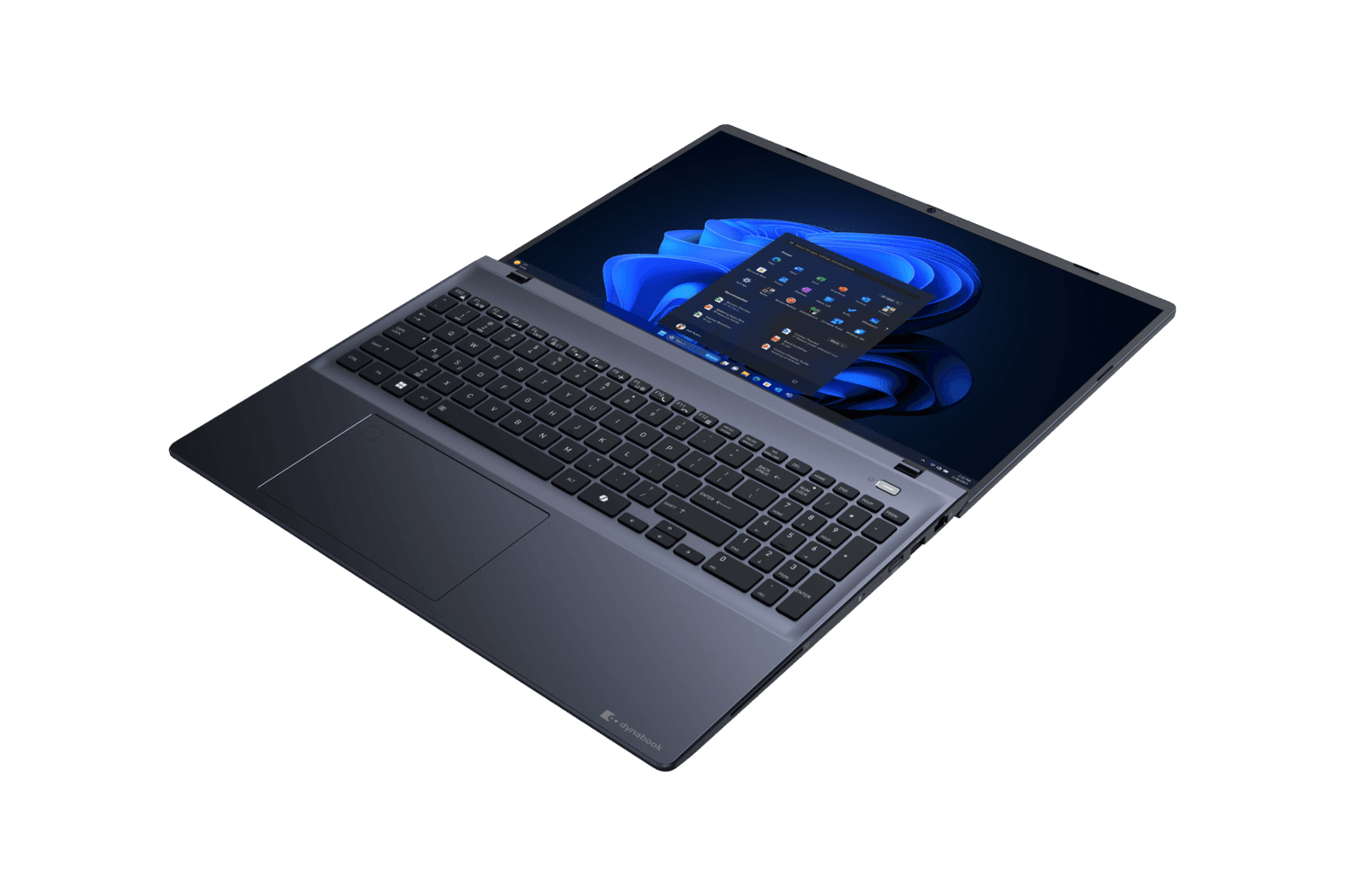 Dynabook Tecra A65-M 16-inch dark blue business laptop sitting open on an executive desk