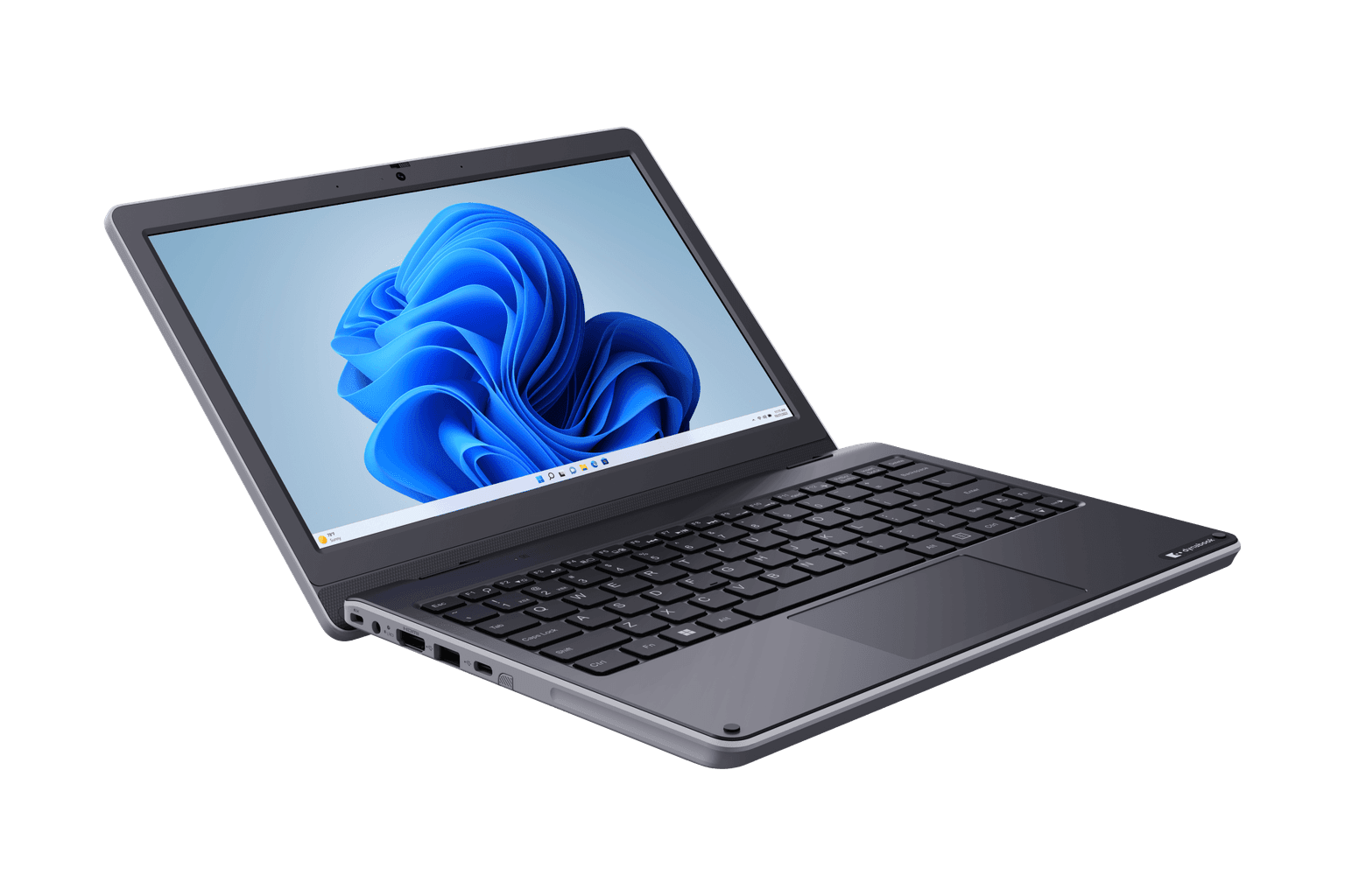Side profile of Dynabook E11 Series laptop showing USB-C, USB-A, HDMI, and Ethernet ports