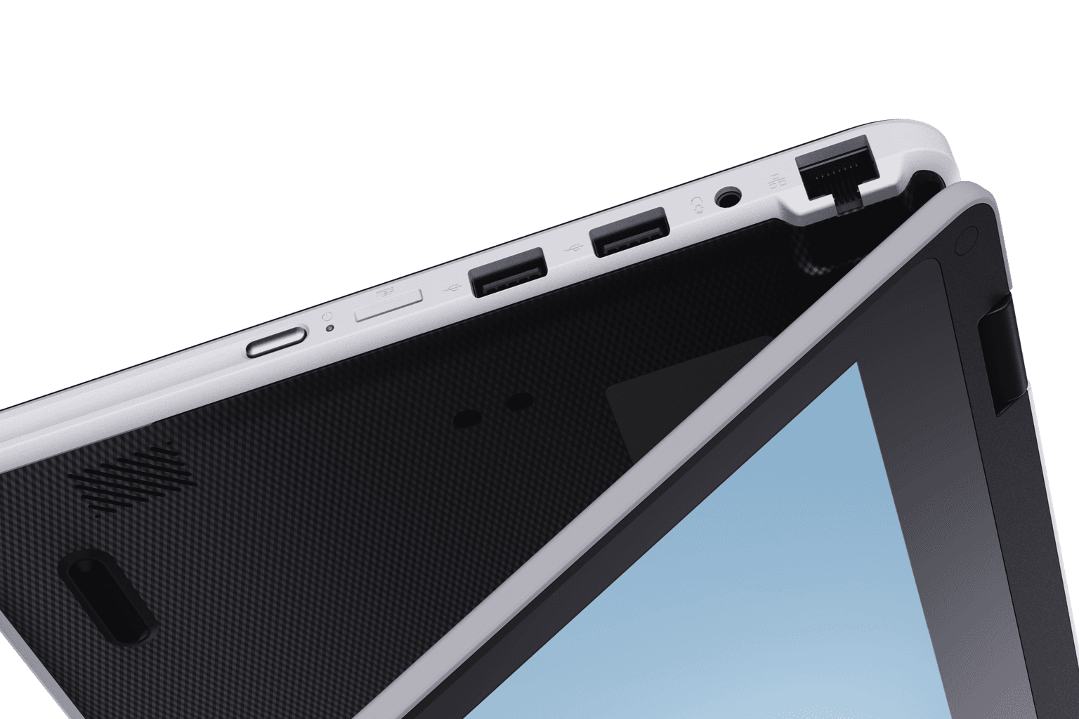 Dynabook E11 Series laptop featuring rubberized protective bumpers and a spill-resistant keyboard for classroom durability