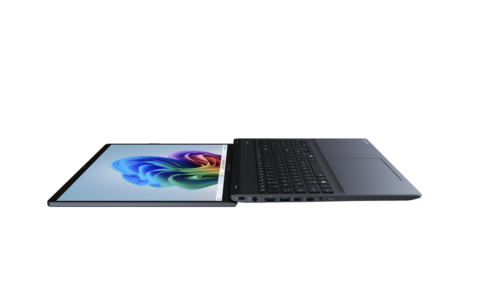 Side profile shot of Dynabook Tecra A60-P showing built-in drop-jaw flip RJ-45 Gigabit Ethernet port and Thunderbolt 4 ports