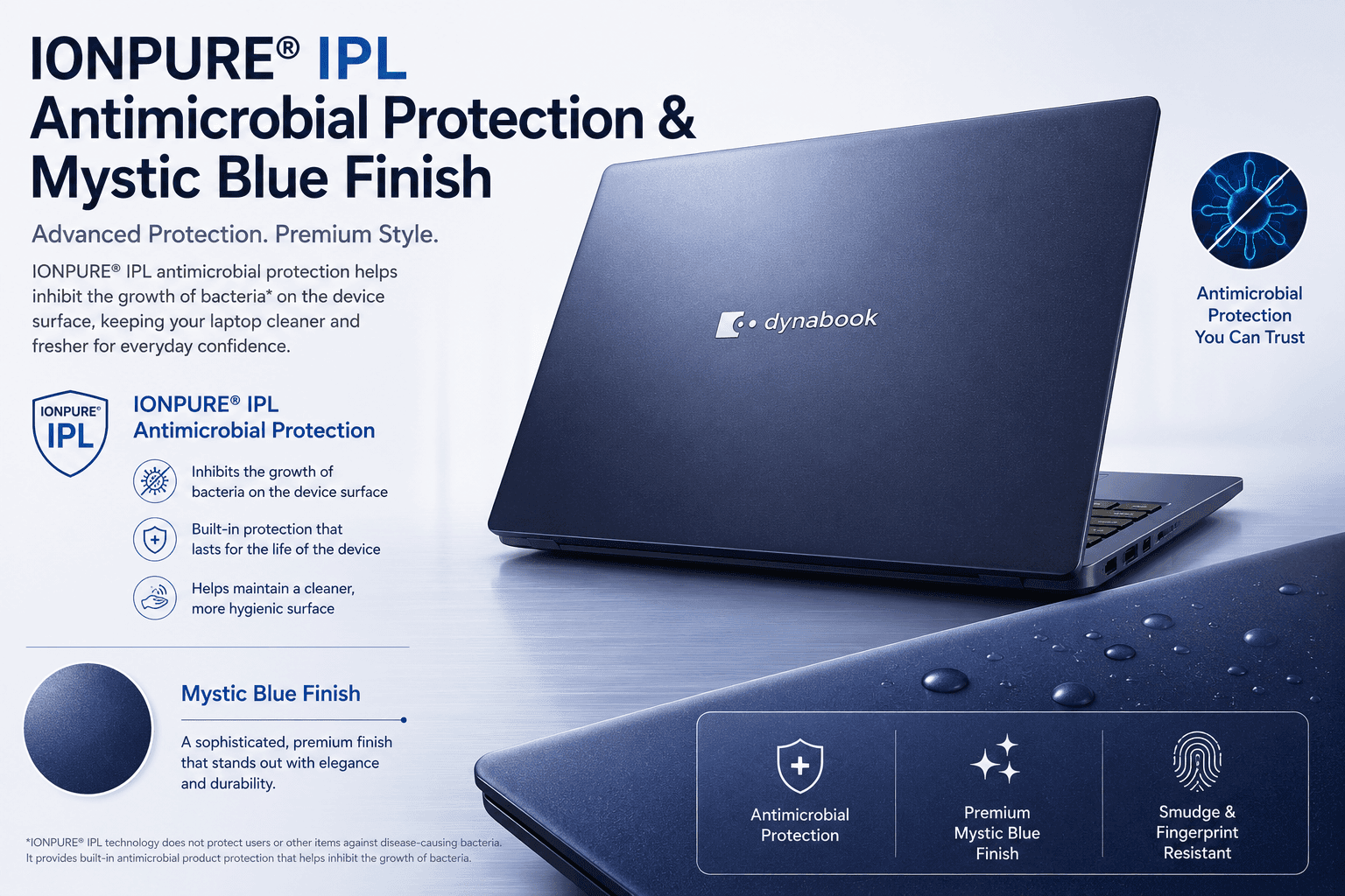 Dynabook Tecra A40-P IONPURE IPL antimicrobial coating and Mystic Blue chassis feature image