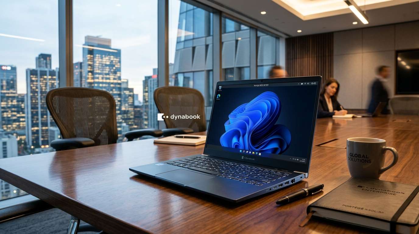 Dynabook Portégé X30L-M EZB ultra-lightweight dark blue business laptop sitting on a polished boardroom table