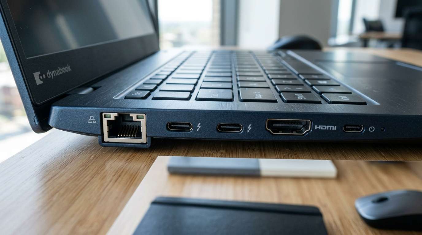 Side view of Dynabook Portégé X30L-M EZB highlighting built-in RJ-45 Ethernet port, HDMI, and dual Thunderbolt 4 USB-C ports
