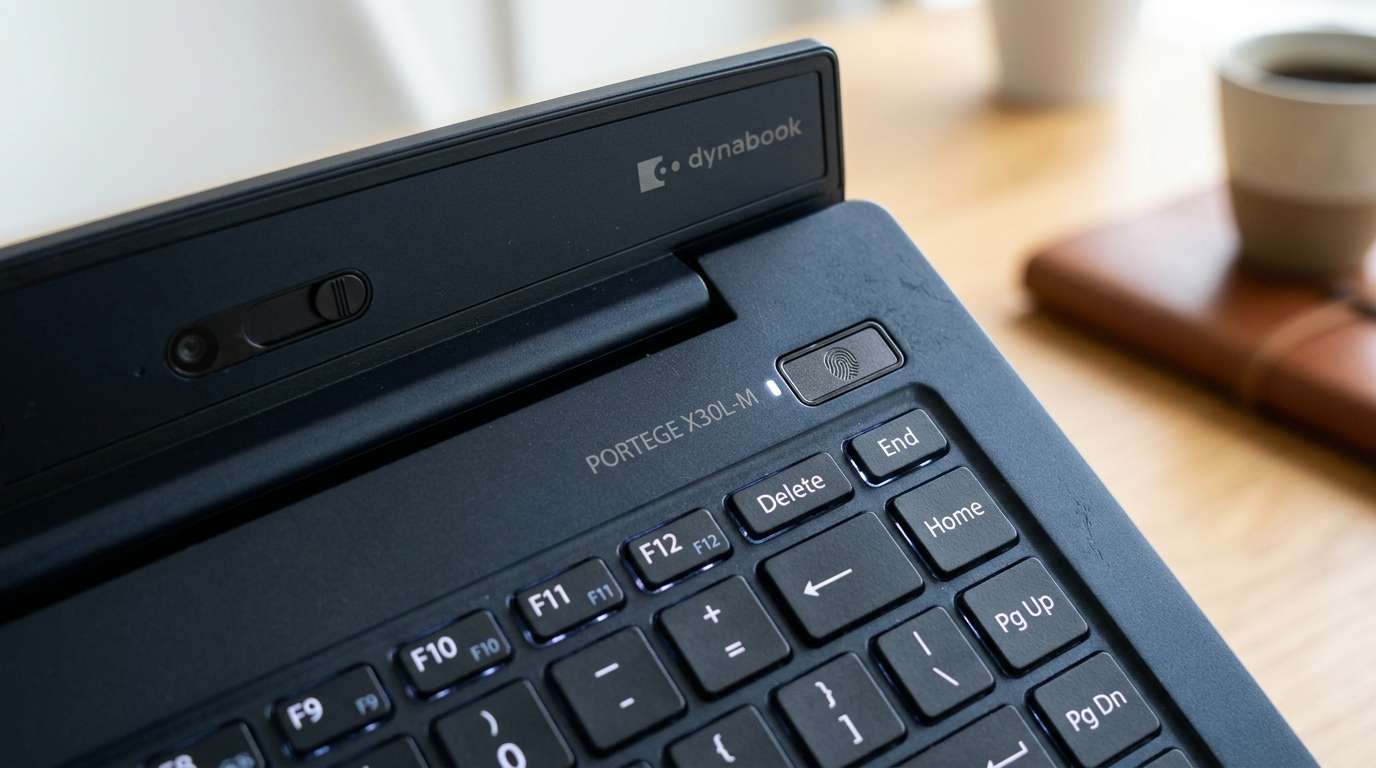 Dynabook Portégé X30L-M EZB keyboard deck showing power button fingerprint sensor and physical webcam shutter
