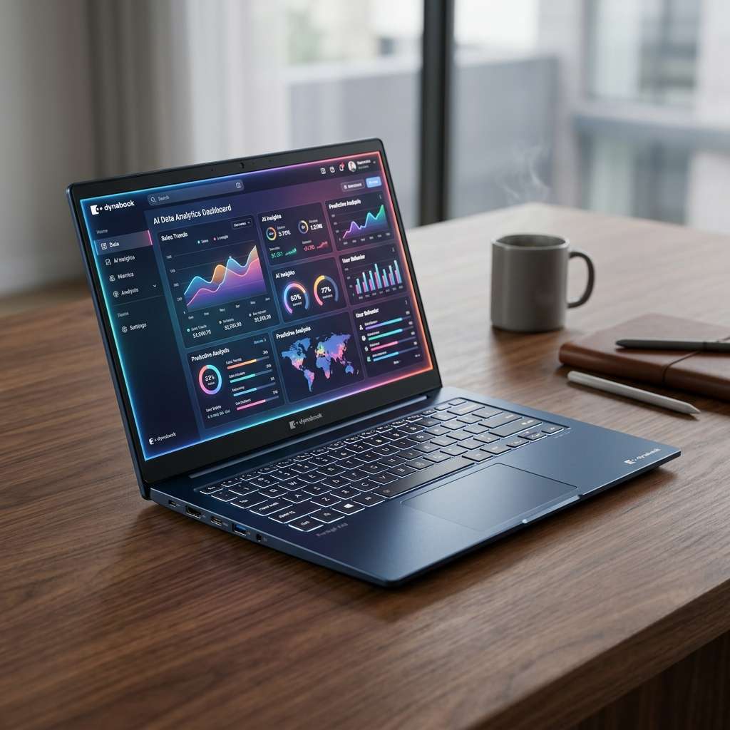 Dynabook Portégé X40-P laptop displaying AI data analytics dashboard powered by Intel Core Ultra processor