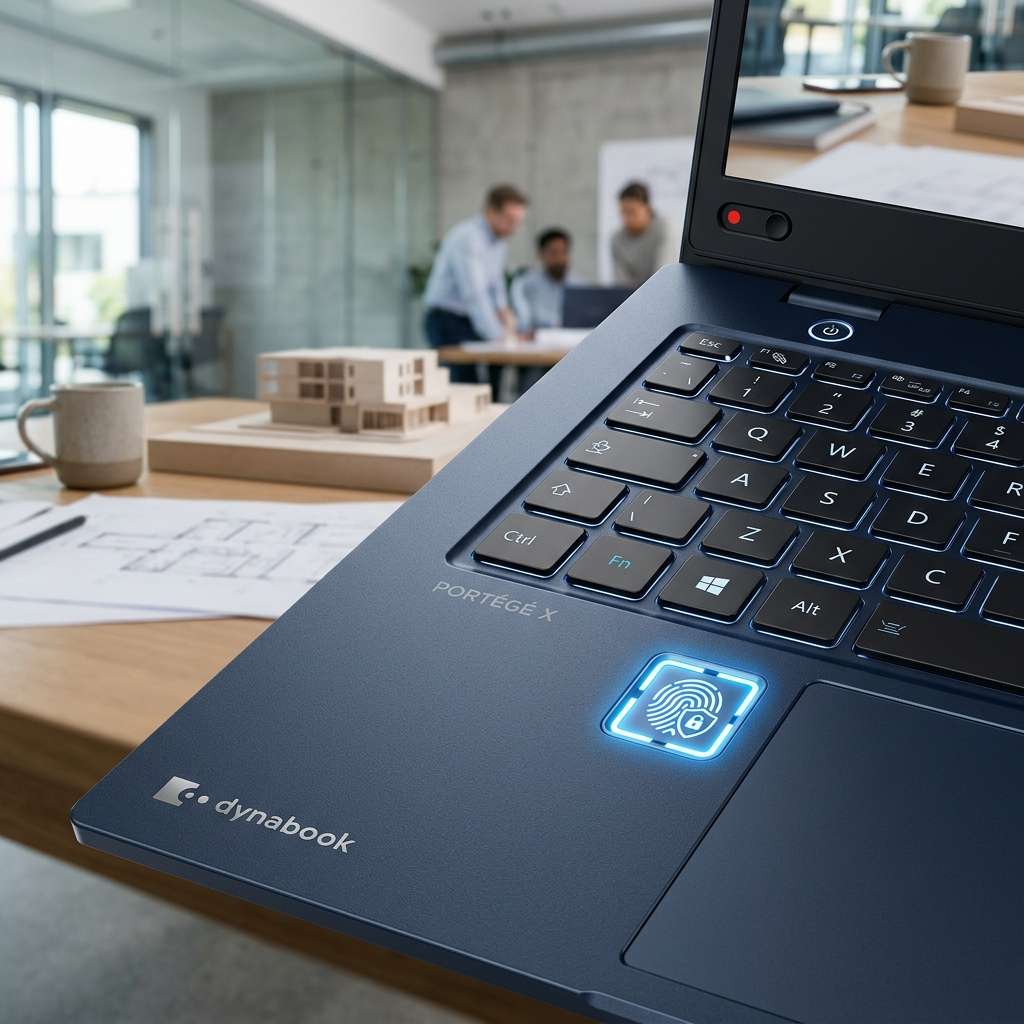 Dynabook Portégé X40-P keyboard deck with illuminated biometric fingerprint scanner and webcam privacy shutter