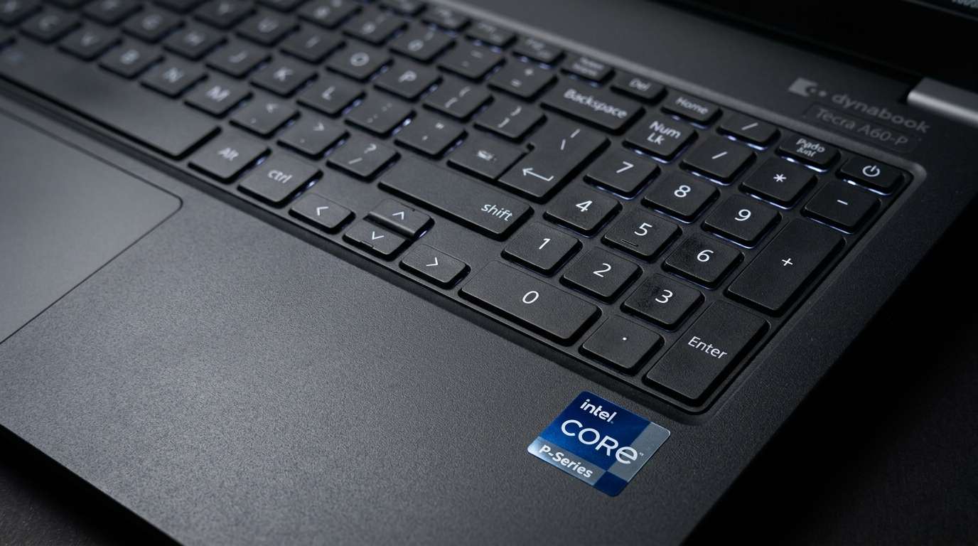 Macro photograph of Dynabook Tecra keyboard deck highlighting AMD Ryzen AI processor badge and dedicated Copilot key